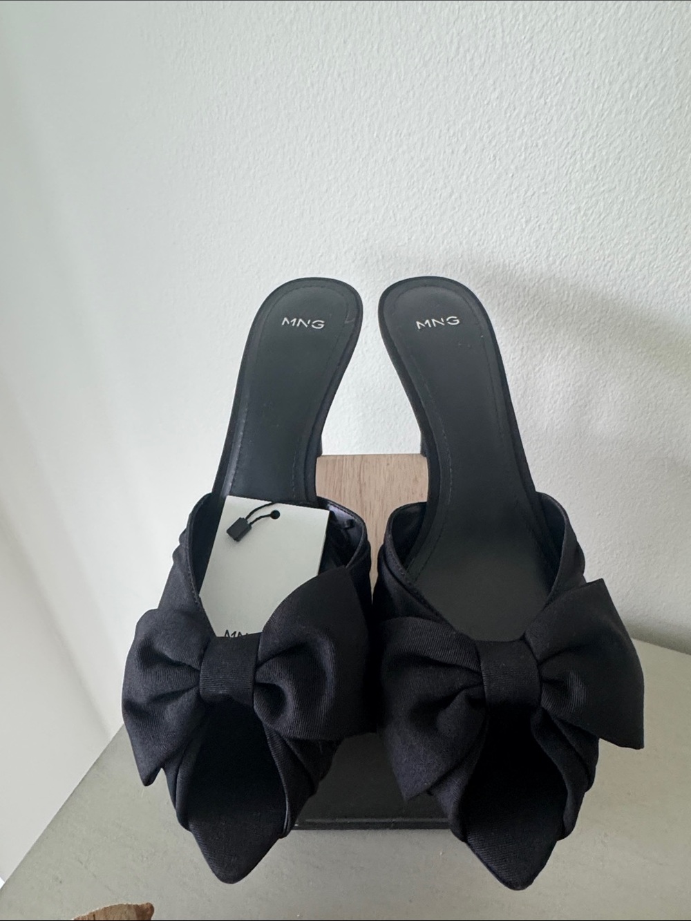 Mango Black Bow Satin Mule Heels